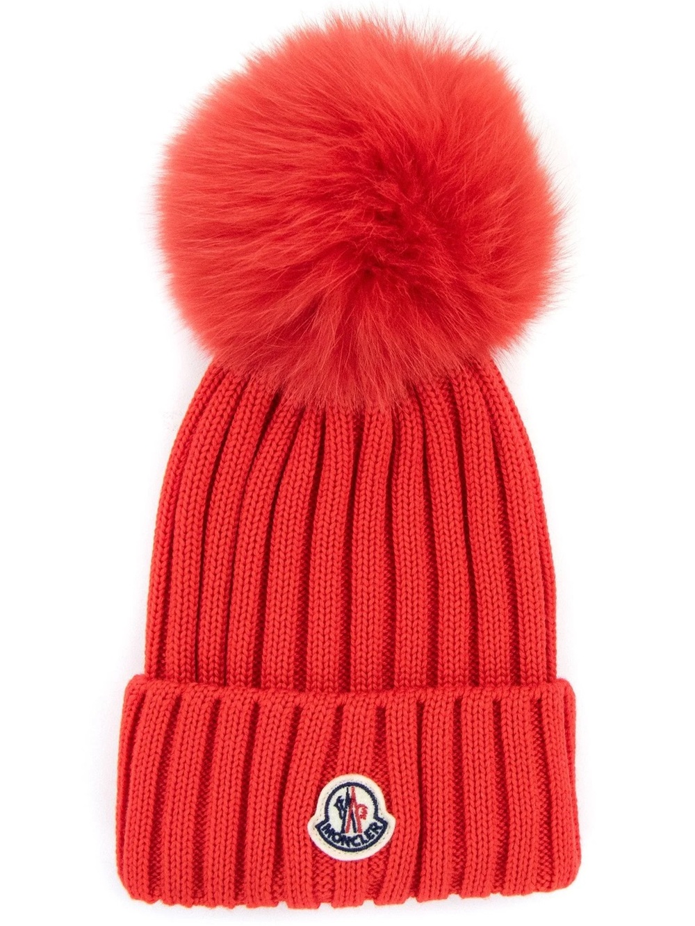 Moncler Red Ribbed Pom-Pom Beanie Hat